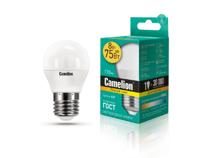 Изображение Лампа светодиодная Camelion LED8-G45/830 Е27 3000К 8 Вт