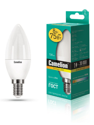 Изображение Лампа светодиодная Camelion LED8-C35/830 Е14 3000К 8 Вт