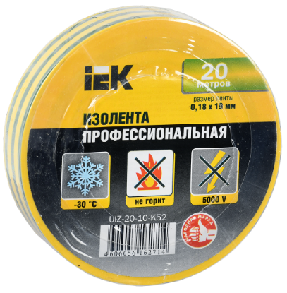 Изображение Изолента IEK UIZ-20-10-K52 20 м х 19 мм   желтый, зеленый