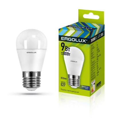 Изображение Лампа светодиодная Ergolux LED-G45-9W-E27-6K Е27 6500К 9 Вт