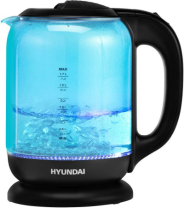 Изображение Электрический чайник Hyundai HYK-G2806 (2200 Вт/1,8 л /стекло, пластик/голубой, черный)