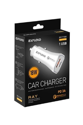 Изображение EXPLOYD EX-Z-1202 автомобильное ЗУ,3A,1хUSB 3A,PD,18W,QC3.0,белый