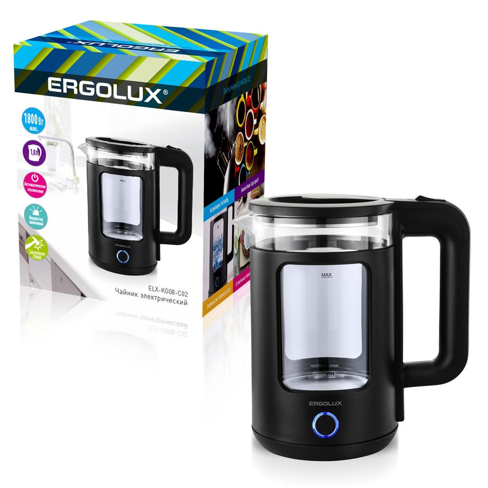 Изображение Электрический чайник Ergolux ELX-KG08-C02 (1800 Вт/1,8 л /стекло, пластик/черный)