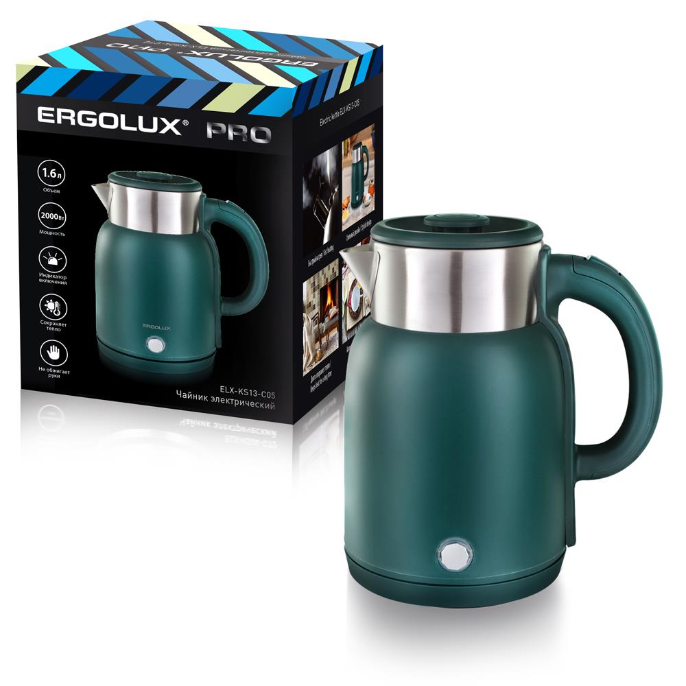 Изображение Электрический чайник Ergolux ELX-KS13-C05 (2000 Вт/1,6 л /сталь, пластик/зеленый)