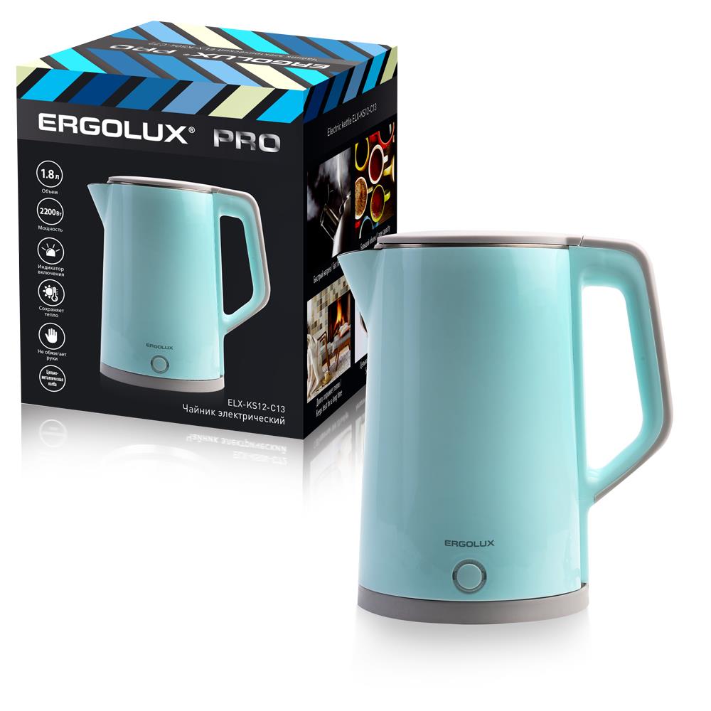 Изображение Электрический чайник Ergolux ELX-KS12-C13 (2200 Вт/1,8 л /пластик, нержавеющая сталь/голубой)
