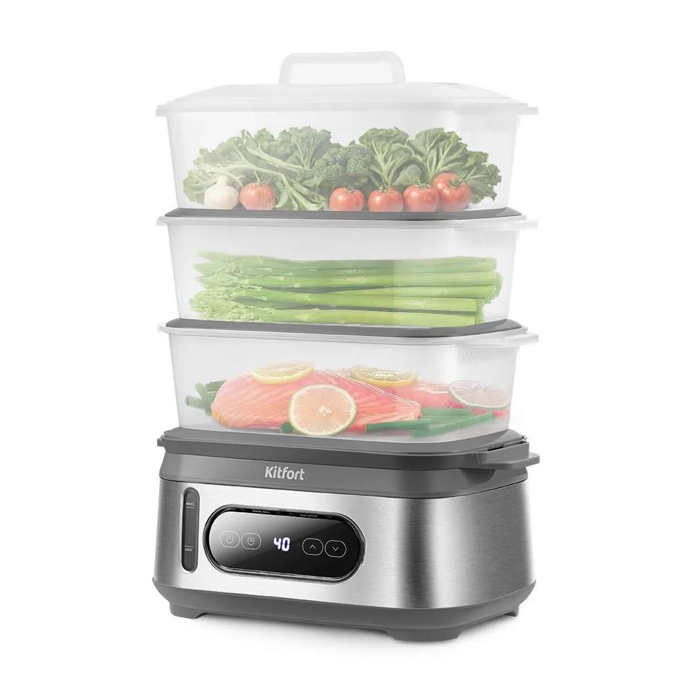 Изображение Пароварка Kitfort КТ-6280 3ярус. 1050Вт (серый, серебристый)