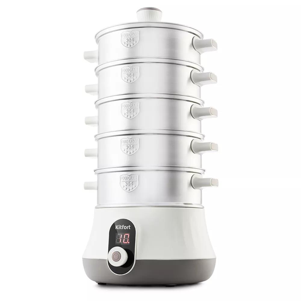 Изображение Пароварка Kitfort КТ-2035 600 Вт. Количество уровней: 5. Таймер приготовления: до 60 минут. (серый, белый)