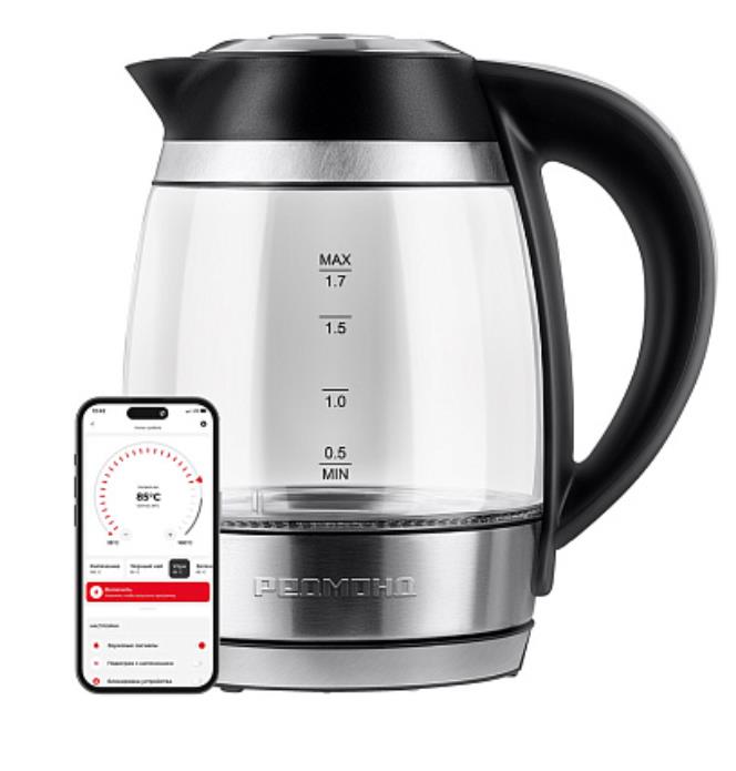 Изображение Электрический чайник REDMOND KG-230S (2200 Вт/1,7 л /стекло, пластик, нержавеющая сталь/прозрачный, черный, хром)