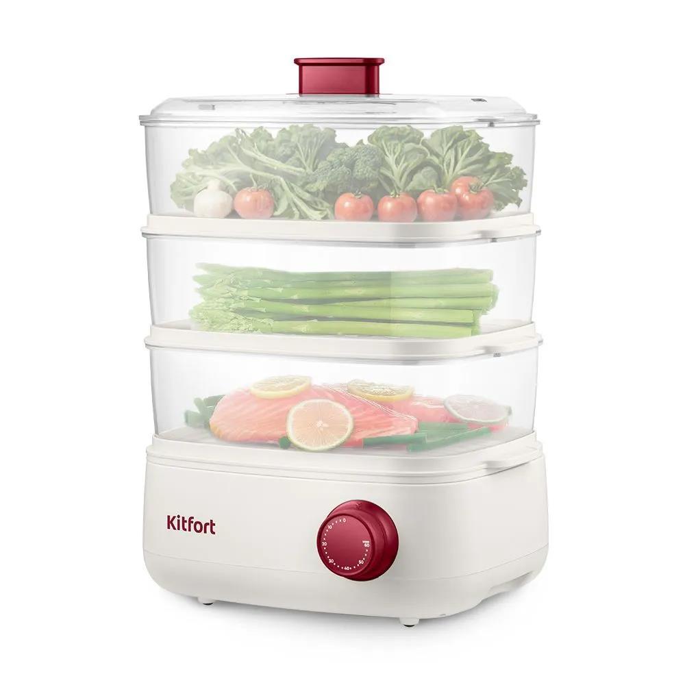 Изображение Пароварка Kitfort КТ-6830 3ярус. 800Вт  (белый, красный)