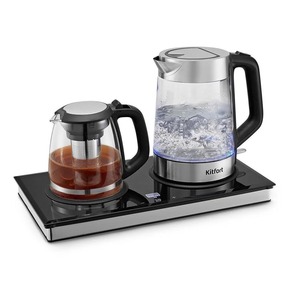 Изображение Электрический чайник Kitfort Чайный набор КТ-6776 (2200 Вт/1,8 л /стекло, пластик, нержавеющая сталь/прозрачный, черный, серебристый)