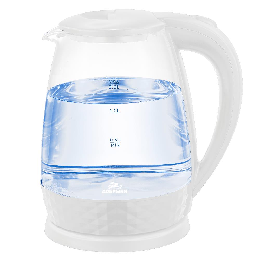 Изображение Электрический чайник Добрыня DO-1252W (1800 Вт/1,8 л /стекло, пластик/прозрачный, белый)